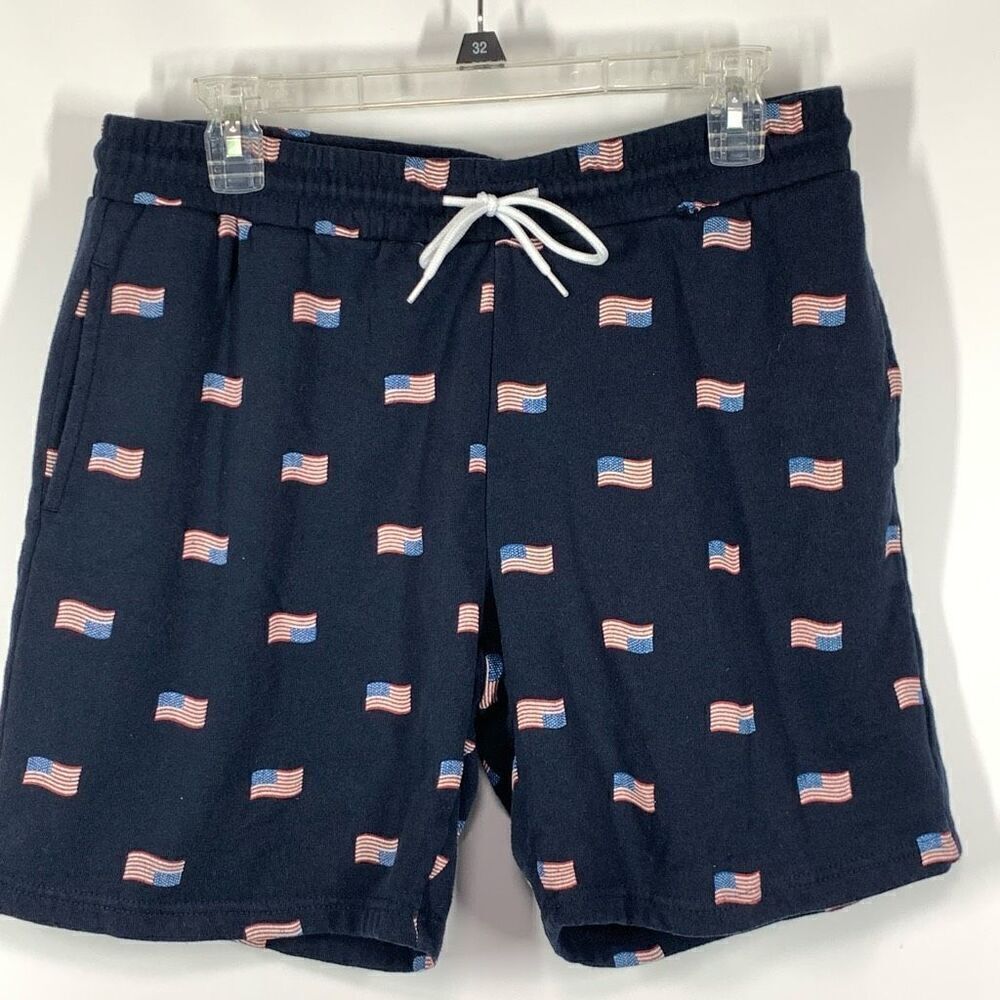 IML Men's Elastic Waist American Flag Allover Print Shorts Navy Blue Size Medium